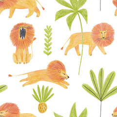 Seamless pattern with lion and palms