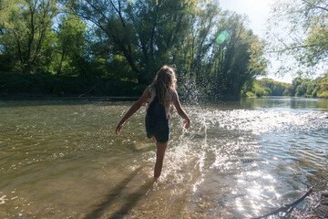 child, river, water, splash, sun and summer time