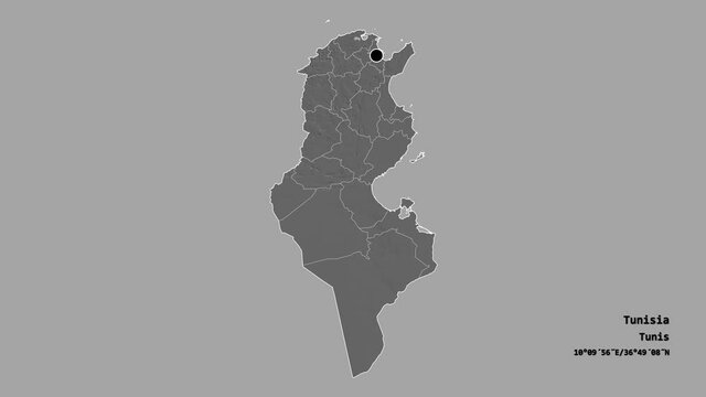 Ariana, governorate of Tunisia, with its capital, localized, outlined and zoomed with informative overlays on a bilevel map in the Stereographic projection. Animation 3D