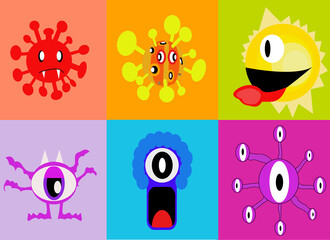 Virus cartoon characters, virus on colorful background. Flat vector illustration.