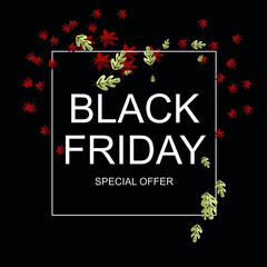 Advertising on Black Friday. White inscription in a white frame with red and beige leaves on a black background.