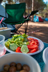 delicious tea, tomato, pepper, cucumber outdoors. delicious snack for breakfast.