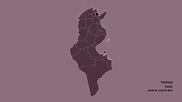Bizerte, governorate of Tunisia, with its capital, localized, outlined and zoomed with informative overlays on a administrative map in the Stereographic projection. Animation 3D