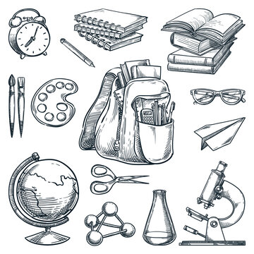 School Supplies And Education Design Elements, Isolated On White Background. Hand Drawn Sketch Vector Illustration