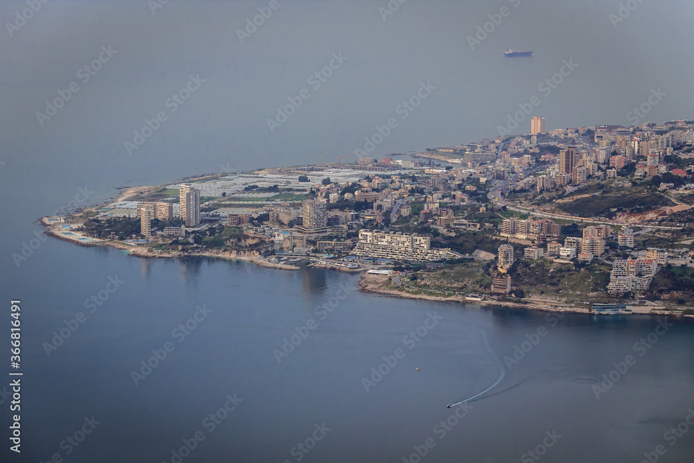 Wall mural Tabarja city on the Mediterranean Sea coast seen from shrine in Harissa town, Lebanon