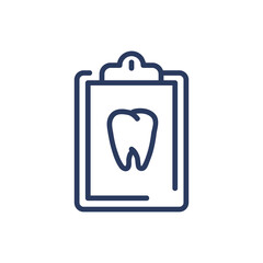 Dentist report thin line icon. Tooth on paper on notepad, medical document, insurance isolated outline sign. Dental care, dentistry concept. Vector illustration symbol element for web design and apps