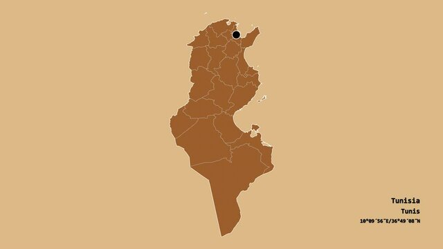 Bizerte, governorate of Tunisia, with its capital, localized, outlined and zoomed with informative overlays on a solid patterned map in the Stereographic projection. Animation 3D