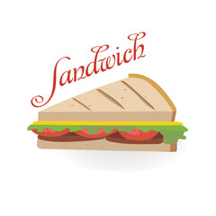 Fast food.  Fresh white bread sandwich, tomato salad, cheese and meat. illustration of street food for menu and packaging design