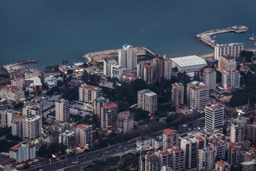 Cityscape of Jounieh on the Mediterranean Sea coast seen from shrine in Harissa town, Lebanon