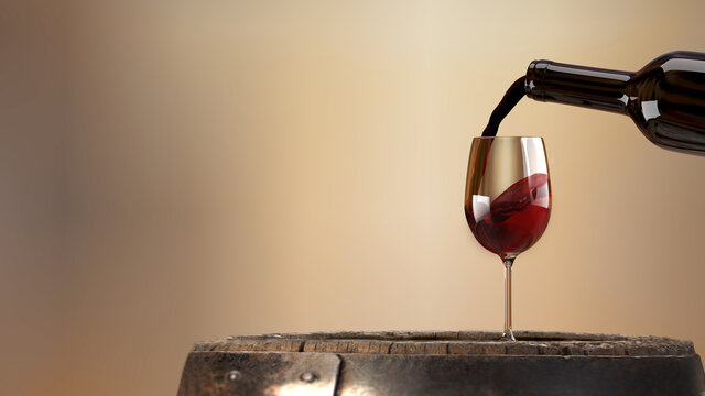 Vin rouge vers&eacute; d'une bouteille dans un verre &agrave; vin sur une tonneau en vieux bois. Rendu 3D
