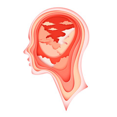 Modern layered cut out colored paper human profile with clouds. Concept of relaxation, tranquility and mental health. Deep paper art origami style