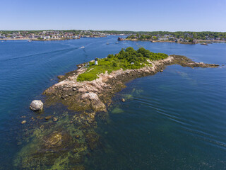 Ten Pound Island Lighthouse on Ten Pound Island aerial view, Gloucester, Cape Ann, Massachusetts...