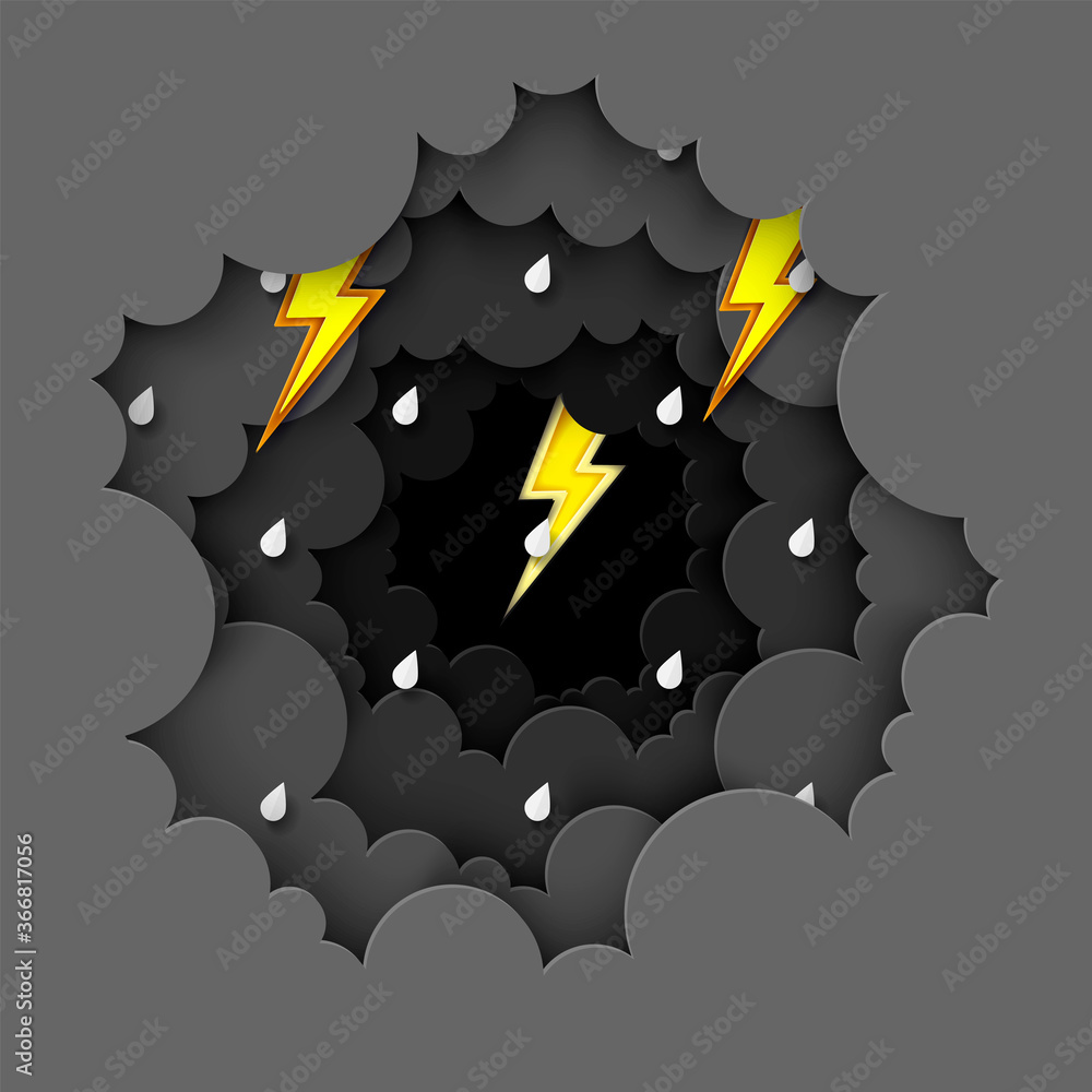 Sticker black cloud and yellow lightning paper art background. rainy weather. thunder storm effects flash. v