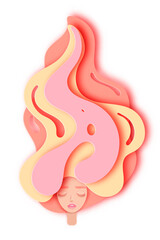 Vector portrait of young beautiful woman with long wavy hair and closed eyes. Modern digital paper layered art. Origami style. Beauty and fashion concept