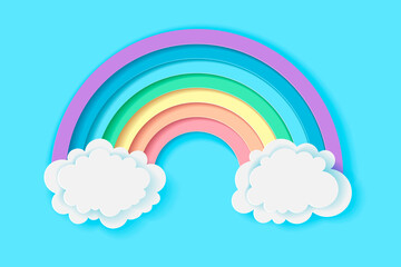 Stylized paper cutout rainbow and clouds background. Paper pastel colored rainbow. Vector art and illustration