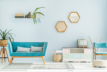 modern interior with blue sofa