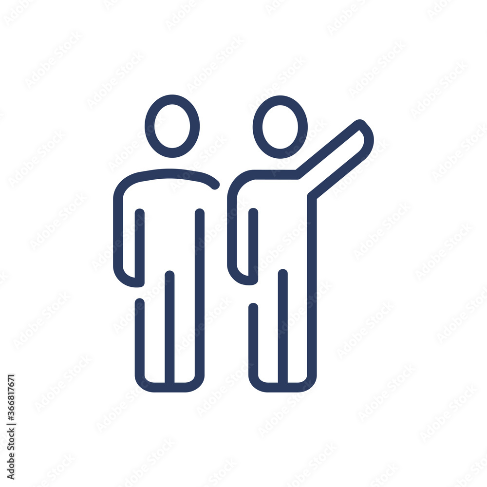 Wall mural person showing something to partner thin line icon. two people standing close, pointing hand isolate