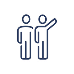 Person showing something to partner thin line icon. Two people standing close, pointing hand isolated outline sign. People, leadership concept. Vector illustration symbol element for web design