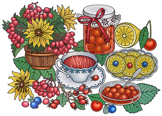 Sweets, berries, fruits, drinks illustration