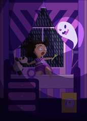 a little cute girl is scared of a house Ghost and shines a flashlight on it to scare it away. ideal for printing book images, covers, and postcard flyers. EPS 10