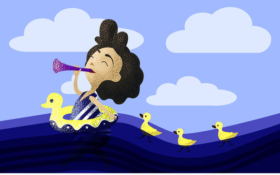 a little cute girl swims in the sea for which the ducks swim. ideal for printing book images, covers, and postcard flyers. EPS 10