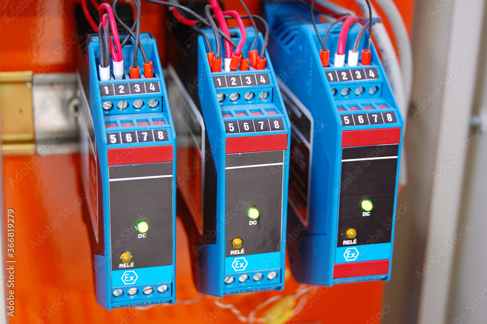 Poster electrical equipment. automatic circuit breakers in a row. electric switches in fusebox.