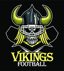 vikings football team design with skull mascot wearing facemask and horns for school, college or league
