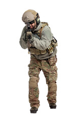American soldier in military equipment with a rifle attacks on a white background, a commando with weapons in uniform, a ranger in action