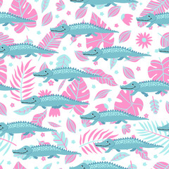 Seamless blue cute crocodile cartoon fabric textile pattern. Vector repeated background with alligators.