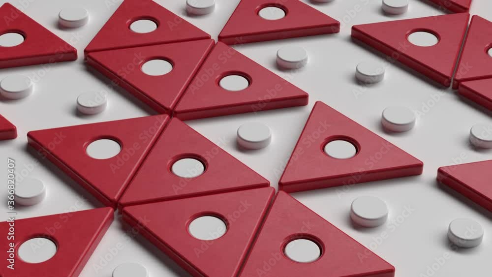 Poster 3d render of rotating triangle animation. loop cycle. geometric background. red triangle on white fl