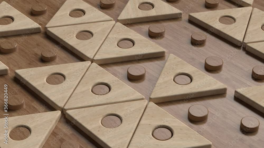 Poster 3d render of rotating triangle animation. loop cycle. geometric background. woodentextures.