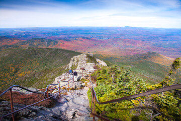 A view of the valley near Lake Placid on a sunny autumn day, looking south west from the summit of Whiteface Mountain in Adirondack National Park, Upper New York