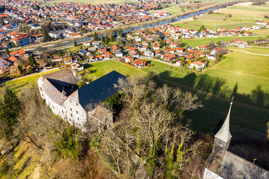 Aerial view, Marquartstein Castle, medieval hilltop castle, Tiroler Achen, Marquartstein, Upper Bavarian district of Traunstein, Germany