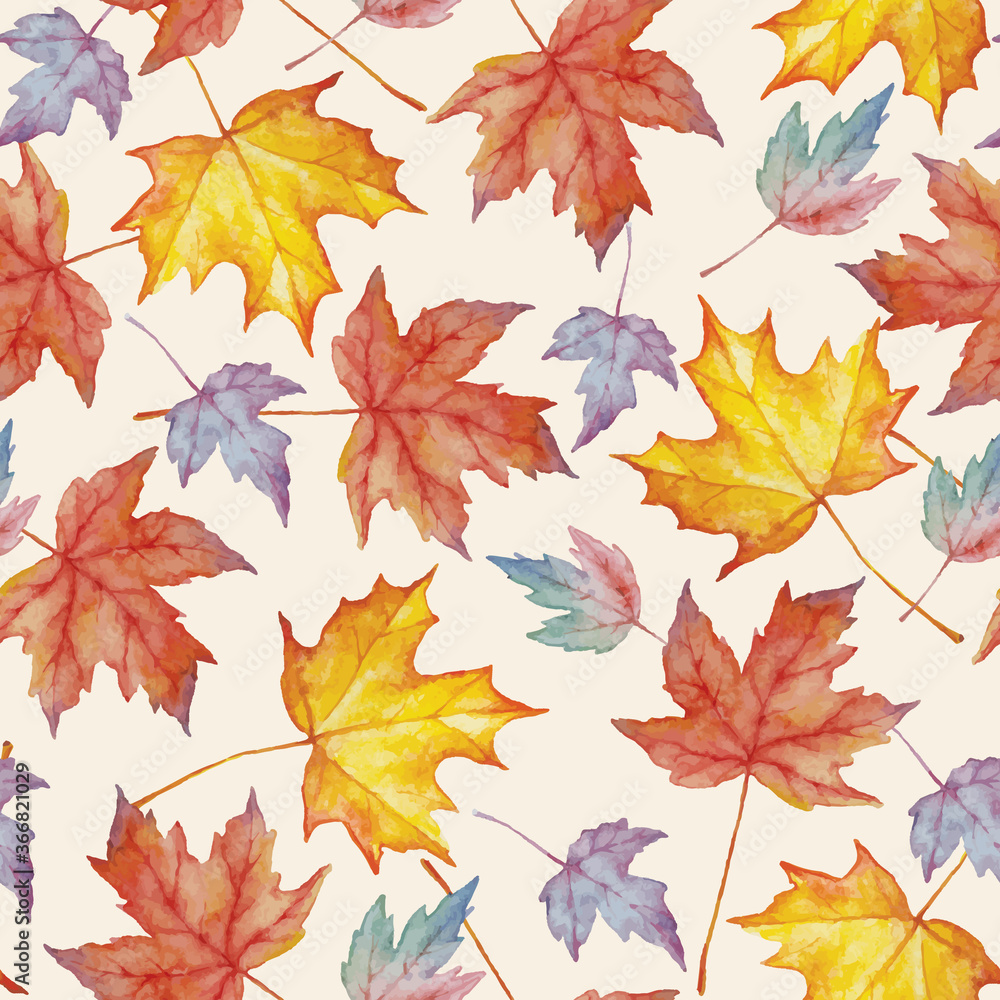 Wall mural vector watercolor seamless pattern with autumn maple leaves.