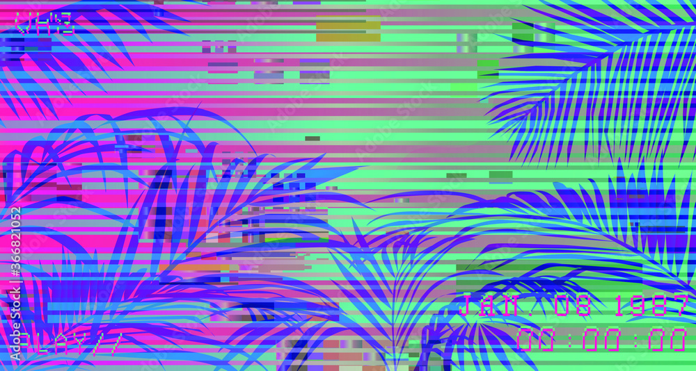 Poster ambient scene with palm leaves on glitched screen with vhs flicker and stripes. retro 80's style vib