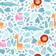 Seamless pattern of wild exotic animals living in savannah or tropical jungle. Vector bright illustration for kids