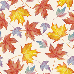 Vector watercolor seamless pattern with autumn maple leaves.