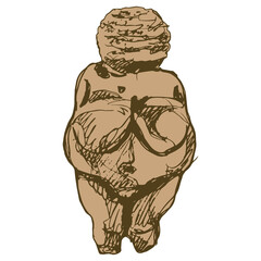 Venus of Willendorf. Paleolithic female figurine from Austria. Stone age sculpture. Great Mother archetype. Fat pregnant lady. Fertility goddess. Hand drawn colorful rough sketch.  © Olena