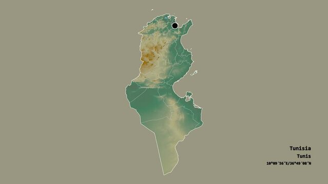 Nabeul, governorate of Tunisia, with its capital, localized, outlined and zoomed with informative overlays on a relief map in the Stereographic projection. Animation 3D