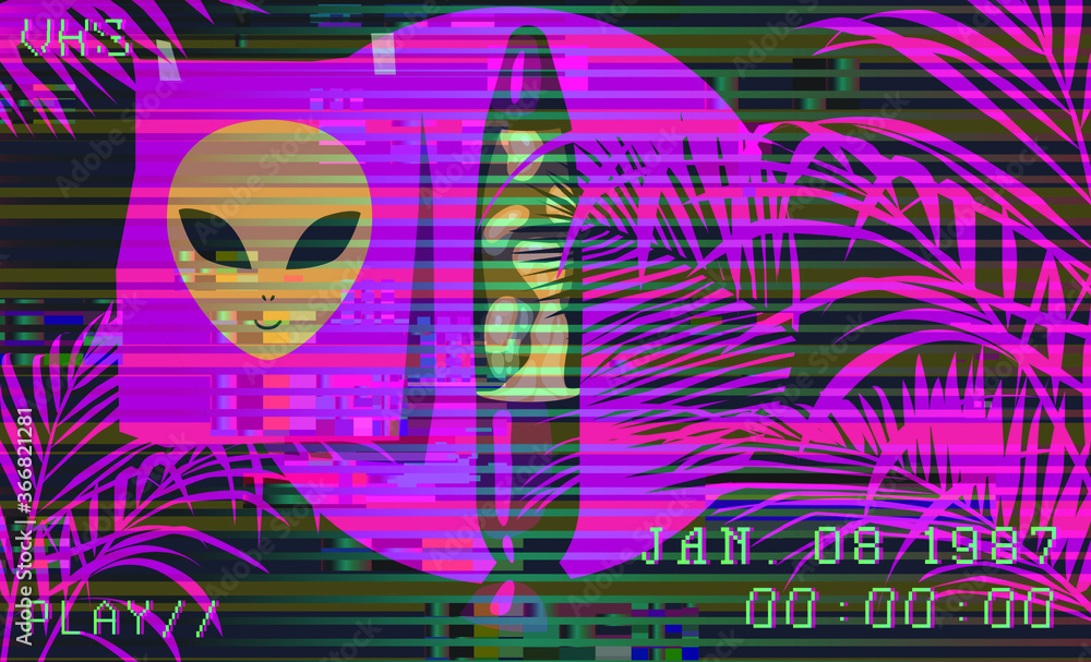 Poster ambient cyberpunk scene with lava lamp and palm leaves on glitched screen with vhs flickers and stri