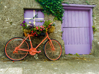 Fototapeta na wymiar floral bicycle in front of a brick wall lilac window and door