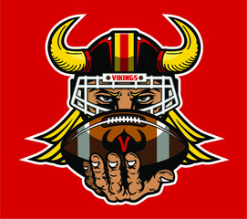 vikings football team mascot wearing horned helmet holding ball for school, college or league