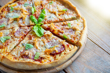 salami pizza with mozzarella and various cheeses, Concept promotional flyer poster for Restaurants or pizzerias with space for your text.