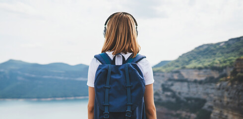 view from behind girl with blonde hair listening to music on headphones standing high in rocky...