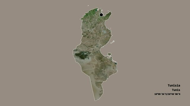 Sidi Bou Zid, governorate of Tunisia, with its capital, localized, outlined and zoomed with informative overlays on a satellite map in the Stereographic projection. Animation 3D