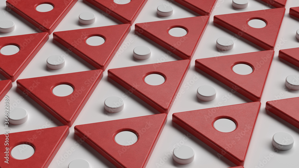 Poster 3d render of rotating triangle geometric background.. red triangle on white floor.