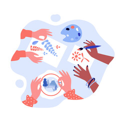 Diverse kids creating craftworks. Hands of children painting, scrapbooking, embroidering. illustration for creative craft art, handmade work, workshop concept