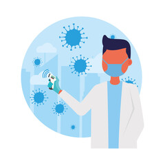 male doctor holding thermometer gun vector design