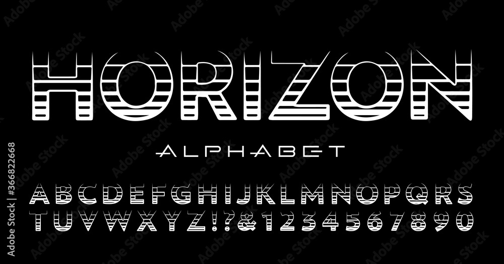 Aufkleber a high tech alphabet constructed of sleek horizontal lines, creating the effect of a horizon gradien