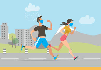 Fototapeta na wymiar Active people in face masks running outdoors. Man and woman jogging during coronavirus outbreak. illustration for fitness, exercising, epidemic concept
